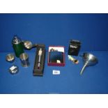 A small quantity of miscellanea to include; stainless steel hip flask and funnel,