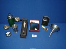 A small quantity of miscellanea to include; stainless steel hip flask and funnel,