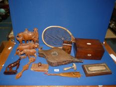 A quantity of treen to include; carved animals, darning mushroom, vintage tennis racquet,