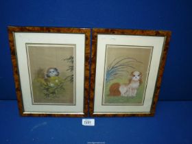 Two small oriental hand painted on silk pictures of dogs, 8 1/4" x 11" overall.