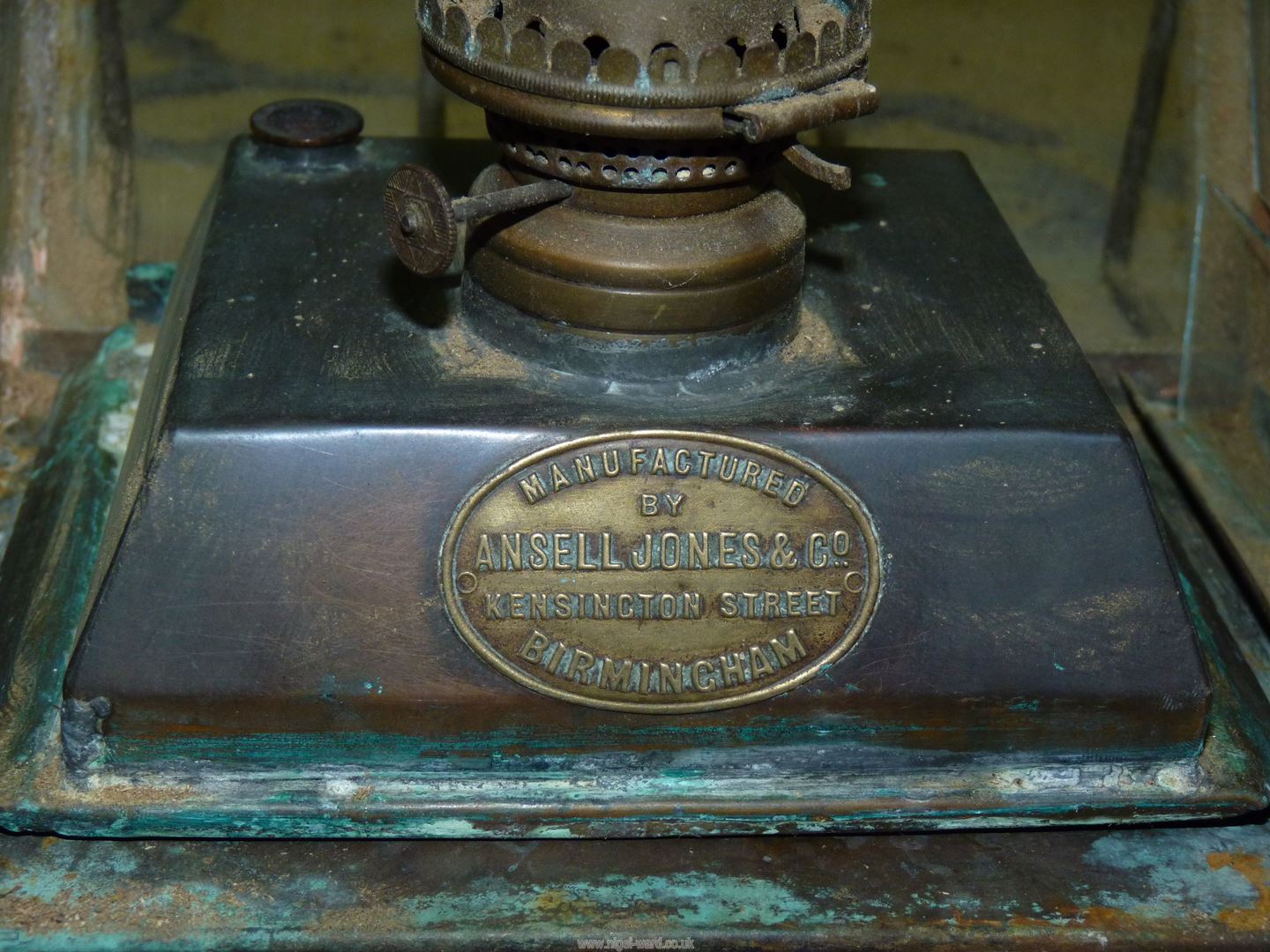 A copper oil lantern by Ansell Jones & Co, Birmingham, one pne cracked, 21'' high x 9'' x 9 1/2''. - Image 3 of 3