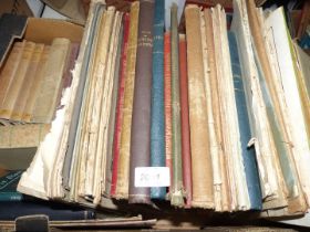 A box of music books and scores including Schubert, Brahms, Play Time Melodies, etc.