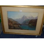 A large framed Print of an Asian landscape with mountains, sail boats and goat herders,