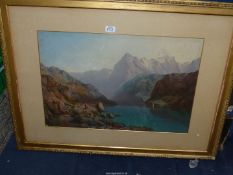 A large framed Print of an Asian landscape with mountains, sail boats and goat herders,