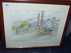 A Watercolour of a Colliery infrastructure, above ground and a neighbouring chapel,