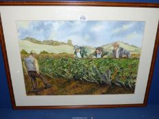 A framed and mounted Watercolour of figures hedge-laying, signed lower right David James, 27" x 20".