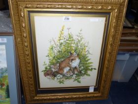 An ornate gilt framed original painting of a vixen and two cubs by Ben Mitchell (young Bristol