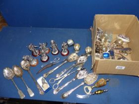 A quantity of plated and metal small pieces including cruets (some with liners) berry spoons,