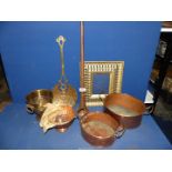 A box of mixed copper and brass to include; copper horn, rose bowl, a heavy brass photo frame,
