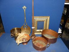 A box of mixed copper and brass to include; copper horn, rose bowl, a heavy brass photo frame,