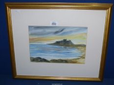 A well executed Watercolour by Colin Moss of a coastal skyline and Bambrugh castle,