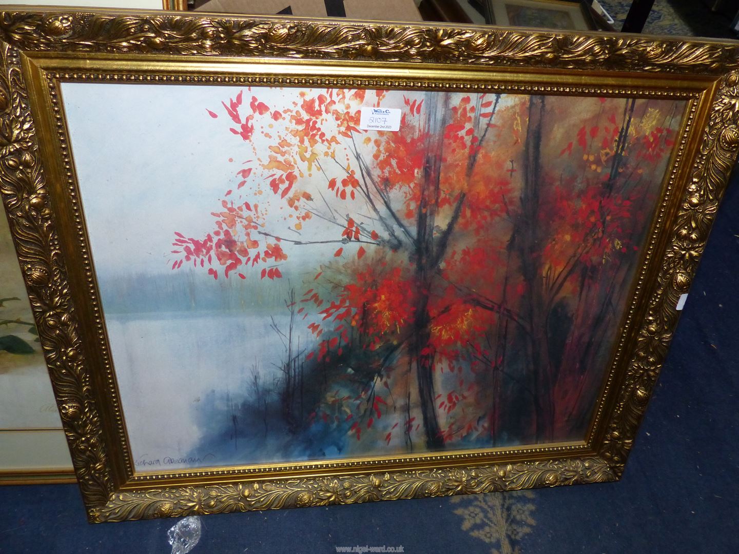 A framed Print depicting an autumnal river scene and a large framed print of a still life of roses, - Image 3 of 3