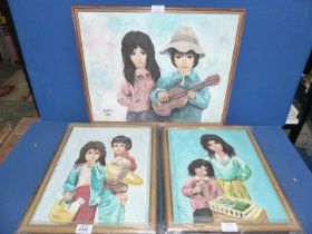 Three framed Oils on board; one depicting figure playing guitar signed 'K.