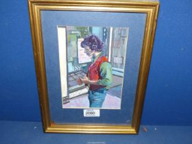 A small framed Acrylic painting depicting a figure looking in shop window, initialled top right J.C.