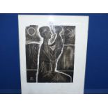 A black and white Lithograph of mother and child, signed AB.