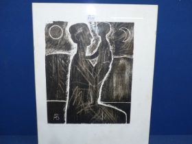 A black and white Lithograph of mother and child, signed AB.