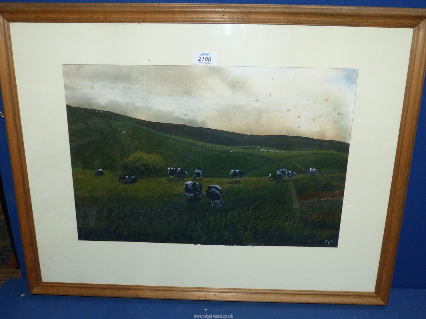 A Watercolour of Friesian cows at pasture titled 'Cattle at Sunset', signed lower right 'Moss', - Image 3 of 3