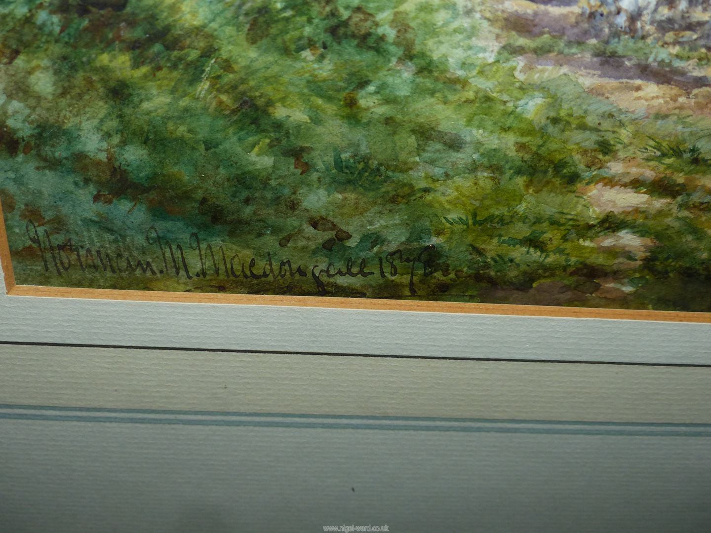 A framed and mounted Watercolour depicting a Shepherdess driving her sheep into a field, - Image 2 of 2