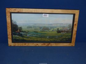 A panoramic Print of The Berkley Hunt at work in the Forest of Dean in a burr sycamore frame.