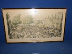 A framed Print titled St. Giles' Fair 1945 drawn by Sir Muirhead Bone, 22 1/2" x 13".