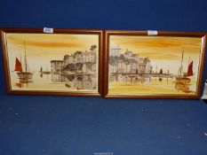 A pair of framed Oil paintings depicting harbour scenes, initialed lower right 'C.B', 17" x 11 1/2".