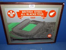 A British Steel Print commemorating the Wales/All Blacks Rugby match of 1989.