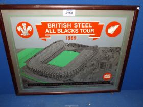 A British Steel Print commemorating the Wales/All Blacks Rugby match of 1989.