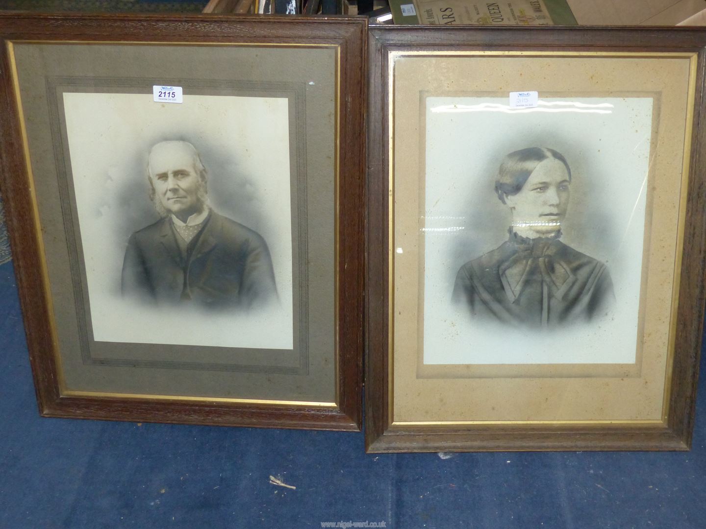 Two wooden framed black and white Portraits of a lady and gentleman taken from photographs. - Image 2 of 2