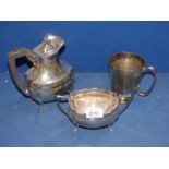 A small quantity of plated items to include; Walker & Hall hot water jug, sugar basin, tankard, etc.