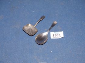 Two Silver caddy spoons, one unmarked, 22.