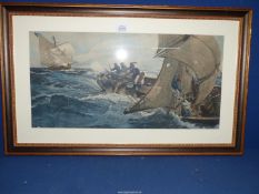 A framed and mounted coloured Etching of smugglers, no visible signature, 30 1/2" x 18 1/2".