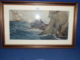 A framed and mounted coloured Etching of smugglers, no visible signature, 30 1/2" x 18 1/2".