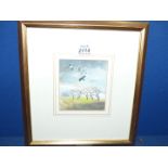 A small framed and mounted Oil painting titled verso "Plovers in Gale" by Margaret Tournour 1991,