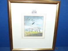 A small framed and mounted Oil painting titled verso "Plovers in Gale" by Margaret Tournour 1991,
