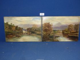 A pair of unframed Oils on canvas depicting a river scene and men in boats, signed lower right W.