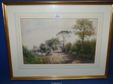 A framed and mounted Watercolour depicting a Shepherdess driving her sheep into a field,