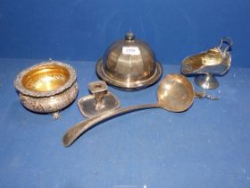A pretty silver plated sugar scuttle, and other plated items including muffin dish and ladle.