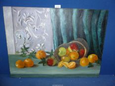 An unframed Oil on canvas of a Still Life depicting fruit fallen from a split basket,