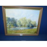 A framed Oil on canvas depicting a river scene with figures in a boat and ewes and lambs grazing,