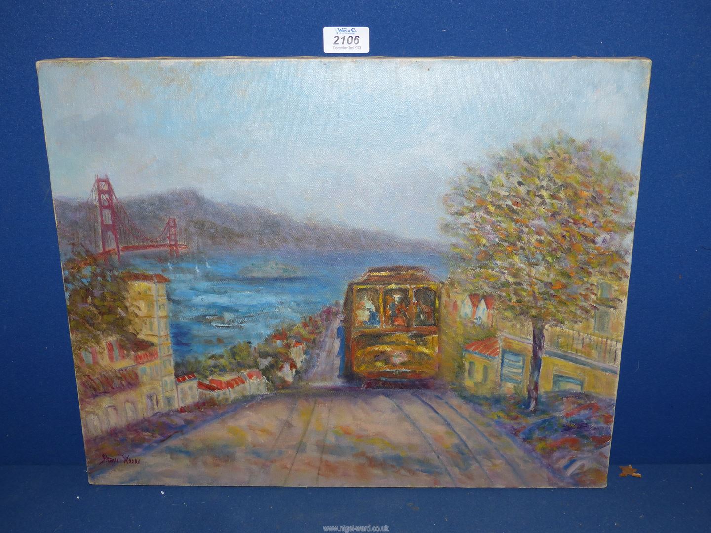 An unframed Oil on canvas depicting San Francisco with street scene,