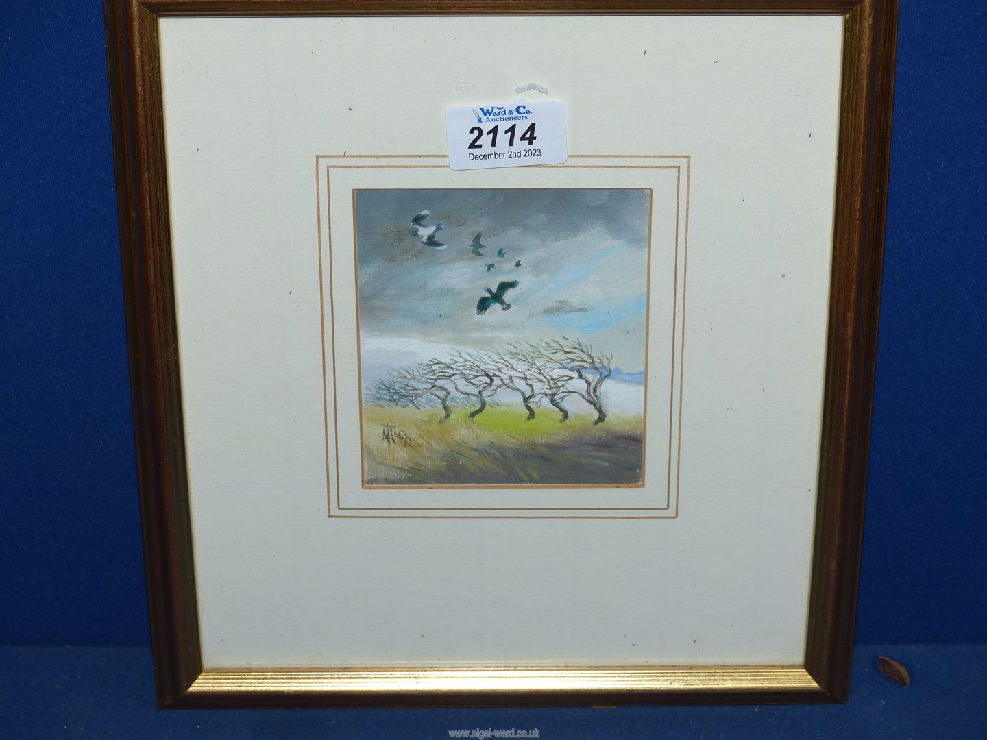 A small framed and mounted Oil painting titled verso "Plovers in Gale" by Margaret Tournour 1991, - Image 2 of 2