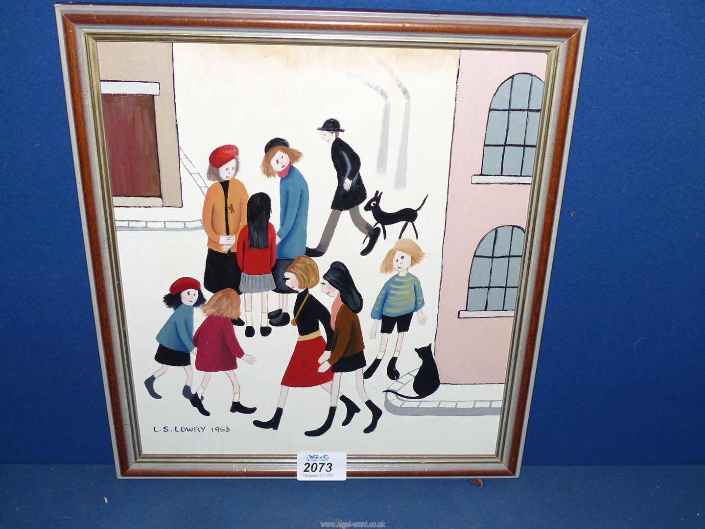 A framed Oil on board Street scene after L.S. Lowry, dated 1963, overall size 13 3/4" x 12 3/8".