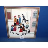 A framed Oil on board Street scene after L.S. Lowry, dated 1963, overall size 13 3/4" x 12 3/8".