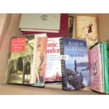 A box of books to include Jade by Geoffrey Wills, Robert Goddard Set in Stone,