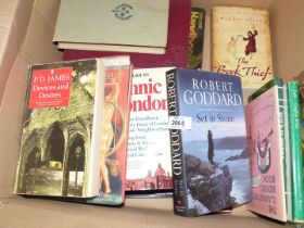 A box of books to include Jade by Geoffrey Wills, Robert Goddard Set in Stone,