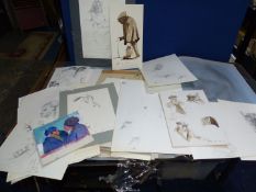 A portfolio of various John Cherrington drawings, some mounted, finished and unfinished.