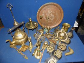 A quantity of brass including brasses, copper 'Johnnie' charger, brass pestle & mortar, oil lamp,