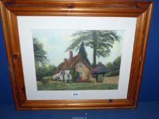 A large framed and mounted Print of a country cottage, signed Sheila Harris, 24 3/4" x 21".