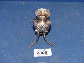 A small Silver vase on tripod legs, London maker J.S possibly John George Smith, 3 1/4" tall, 43.6g.