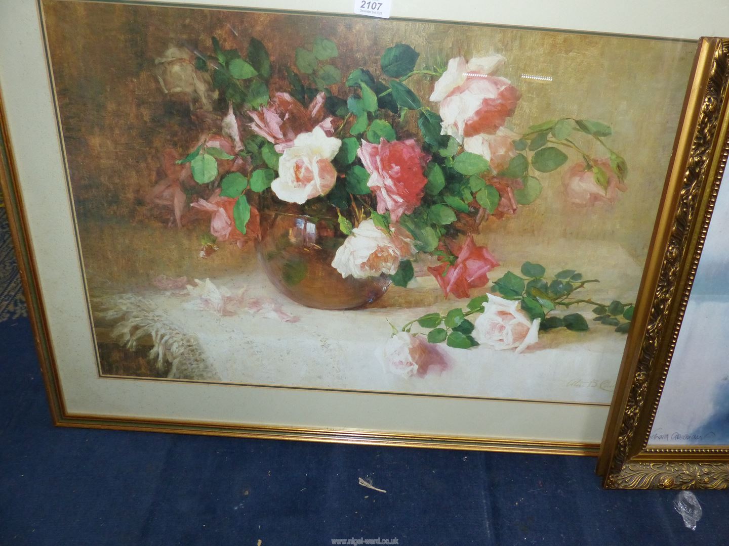 A framed Print depicting an autumnal river scene and a large framed print of a still life of roses, - Image 2 of 3